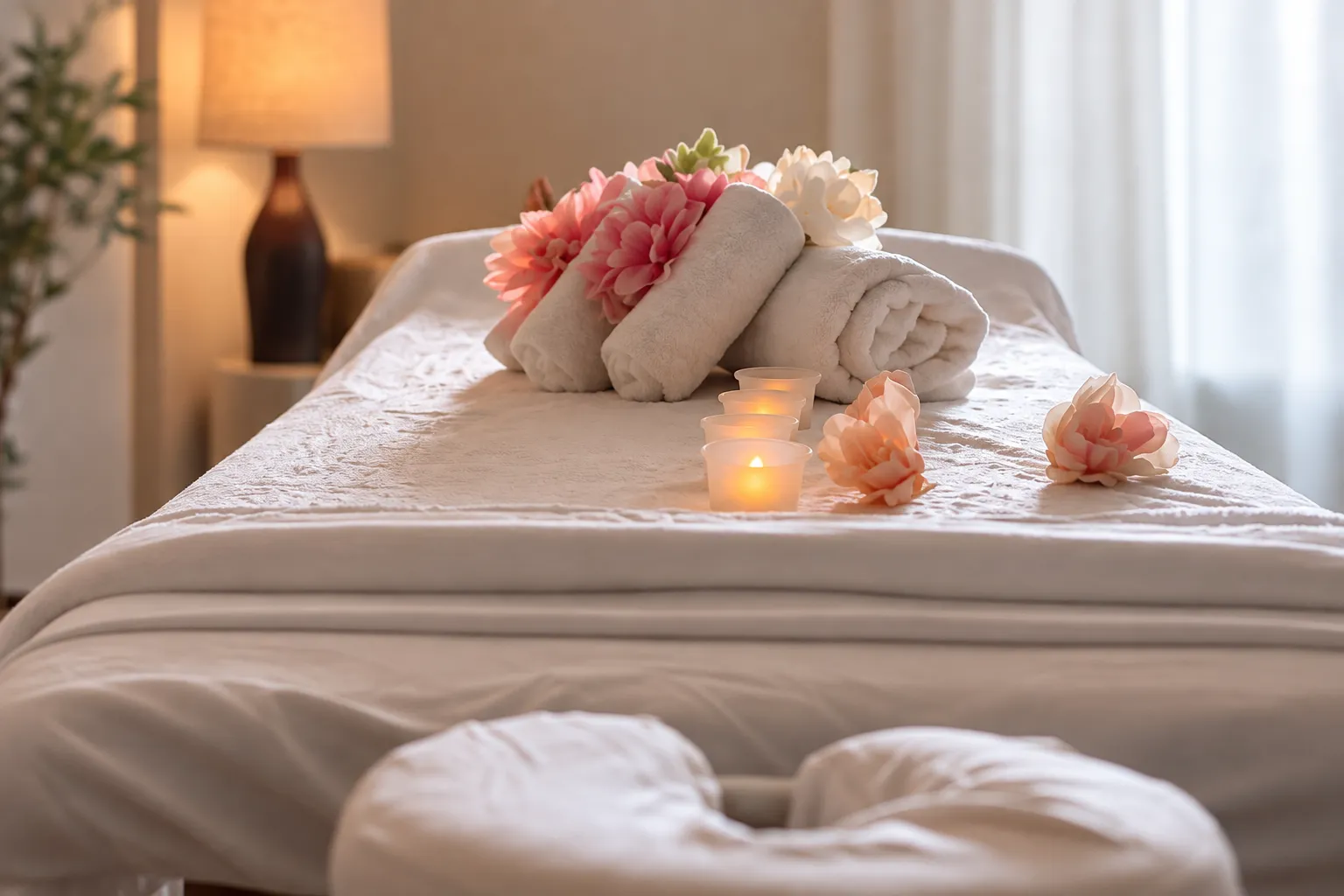 A massage table dressed with white linens, rolled towels, pink flowers and candles